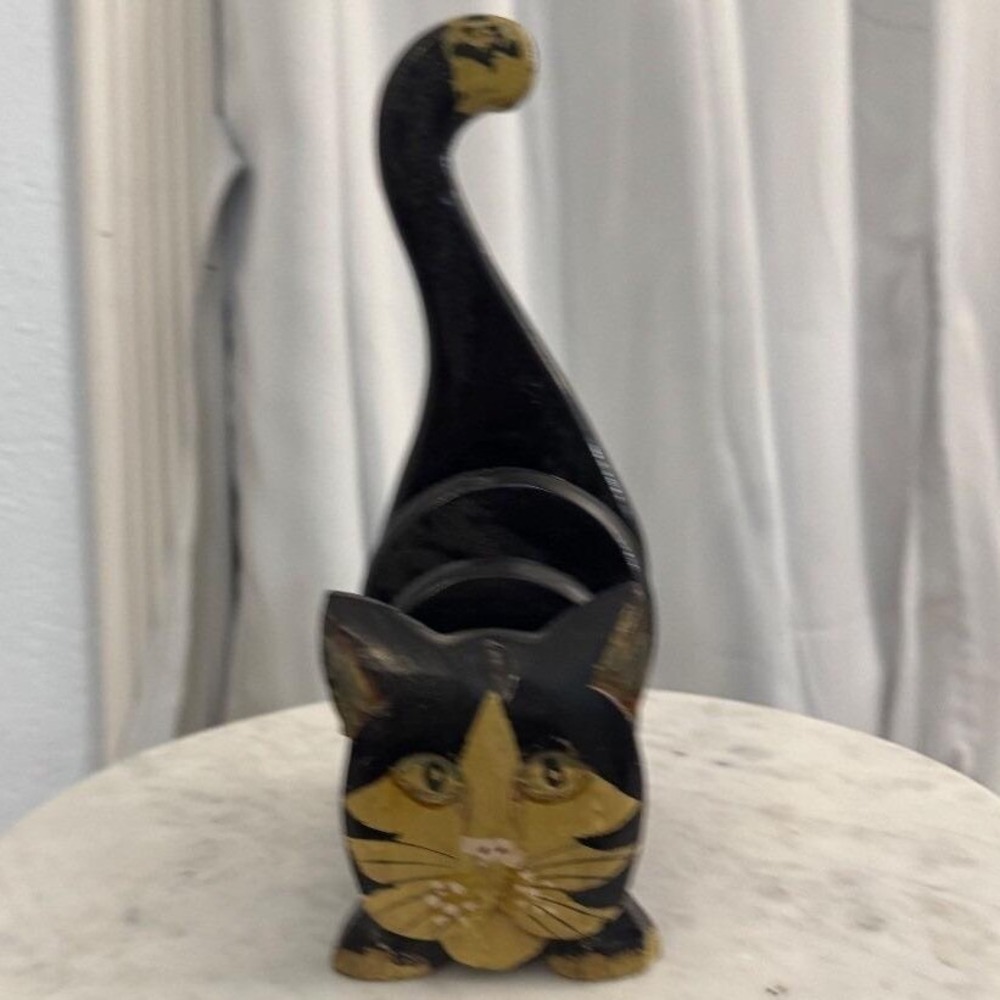 Hand‎ Carved Wood Cat Coaster/Mail Holder Whimsical Decor Black & Gold